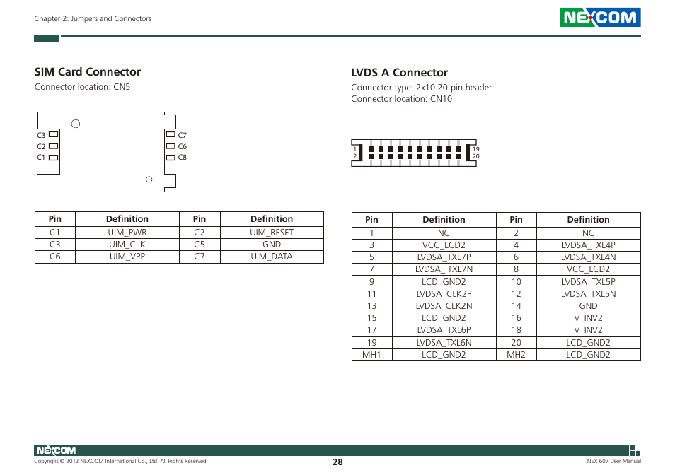 Sim card connector, Lvds a connector | NEXCOM NEX 607 User Manual | Page 43 / 75