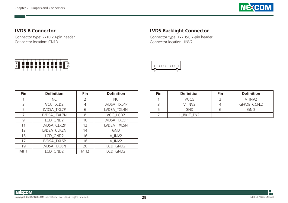 Lvds b connector, Lvds backlight connector | NEXCOM NEX 607 User Manual | Page 44 / 75