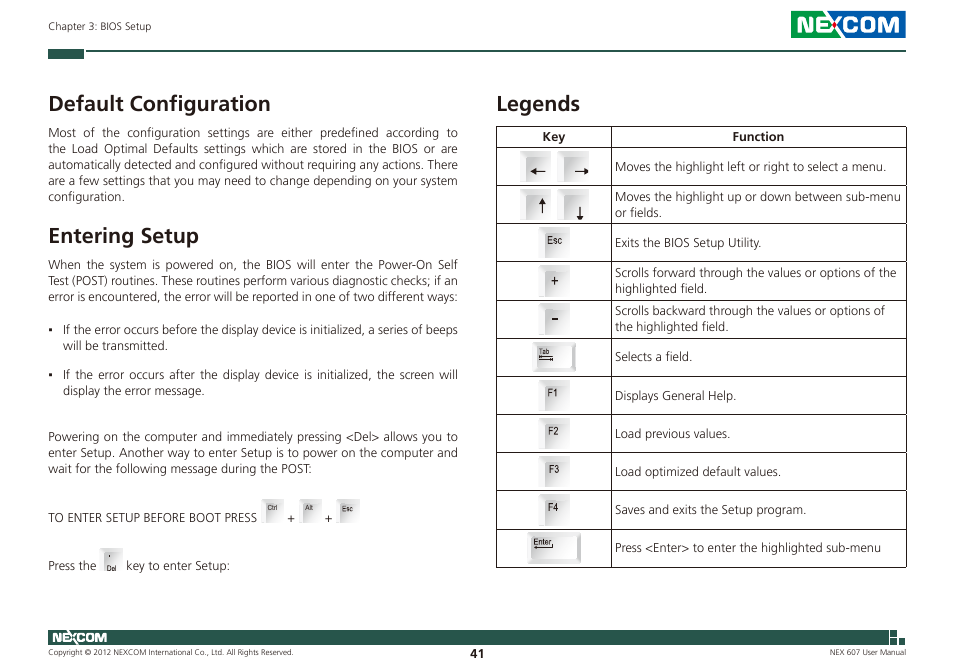 Default configuration, Entering setup, Legends | NEXCOM NEX 607 User Manual | Page 56 / 75