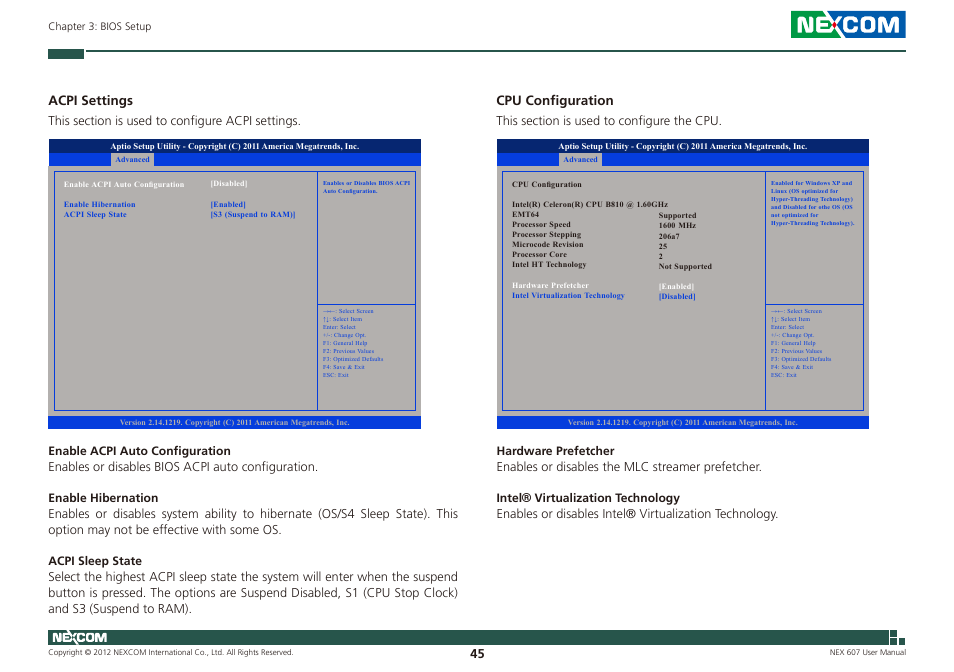 Acpi settings, Cpu configuration | NEXCOM NEX 607 User Manual | Page 60 / 75