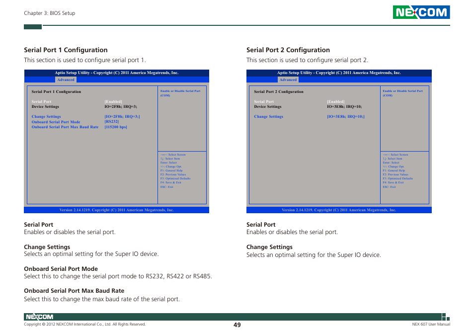 Serial port 1 configuration, Serial port 2 configuration | NEXCOM NEX 607 User Manual | Page 64 / 75