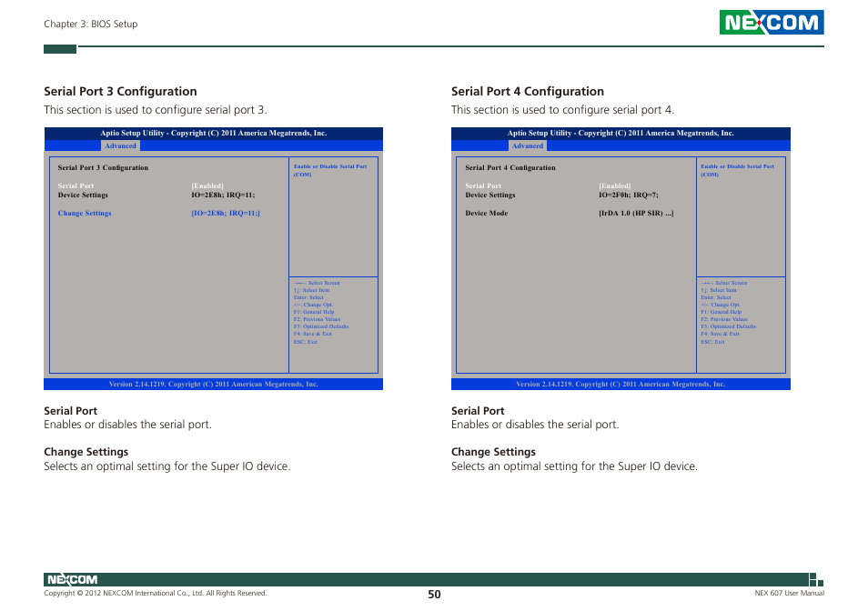 Serial port 3 configuration, Serial port 4 configuration | NEXCOM NEX 607 User Manual | Page 65 / 75