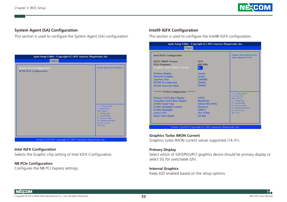 System agent (sa) configuration, Intel ® igfx configuration | NEXCOM NEX 607 User Manual | Page 68 / 75