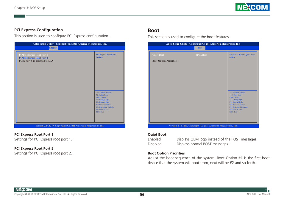Boot, Pci express configuration | NEXCOM NEX 607 User Manual | Page 71 / 75