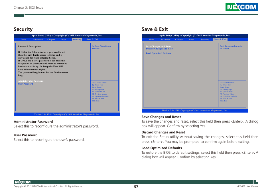 Security, Save & exit | NEXCOM NEX 607 User Manual | Page 72 / 75
