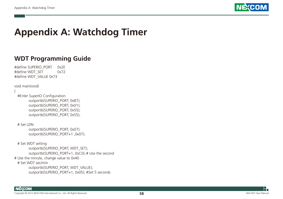 Appendix a: watchdog timer, Wdt programming guide | NEXCOM NEX 607 User Manual | Page 73 / 75