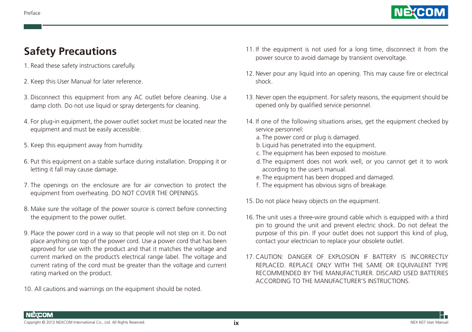 Safety precautions | NEXCOM NEX 607 User Manual | Page 9 / 75
