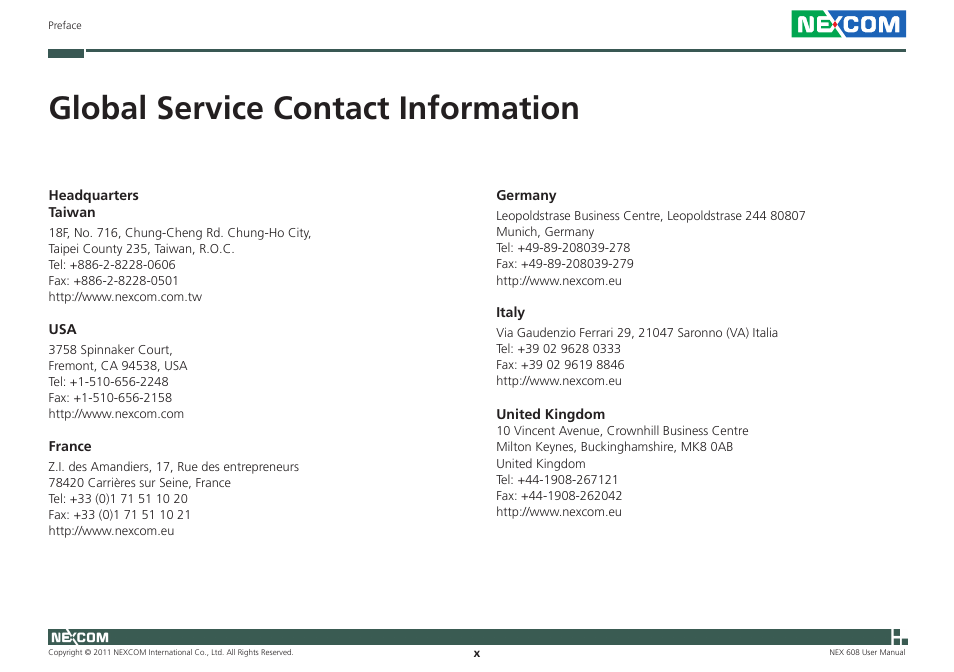 Global service contact information | NEXCOM NEX 608 User Manual | Page 10 / 67