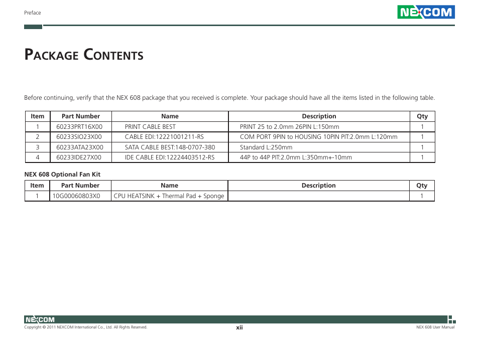 Ackage, Ontents | NEXCOM NEX 608 User Manual | Page 12 / 67