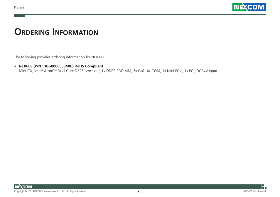 Rdering, Nformation | NEXCOM NEX 608 User Manual | Page 13 / 67