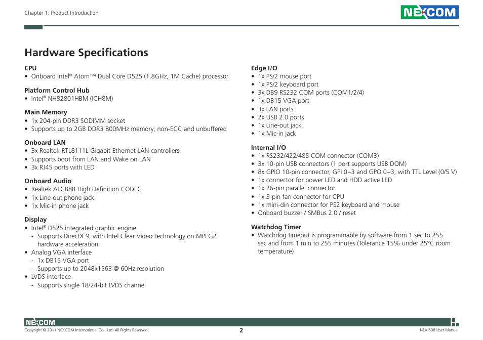 Hardware specifications | NEXCOM NEX 608 User Manual | Page 15 / 67