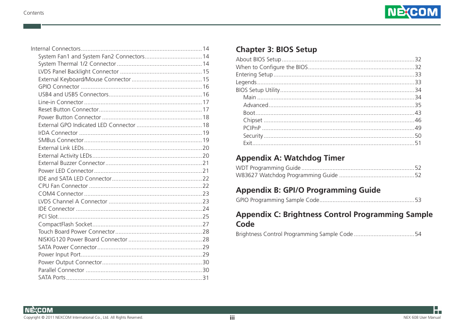 Chapter 3: bios setup, Appendix a: watchdog timer, Appendix b: gpi/o programming guide | NEXCOM NEX 608 User Manual | Page 3 / 67