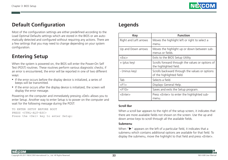 Default configuration, Entering setup, Legends | NEXCOM NEX 608 User Manual | Page 46 / 67