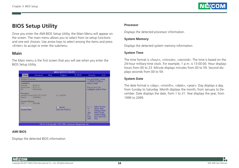 Bios setup utility, Main | NEXCOM NEX 608 User Manual | Page 47 / 67