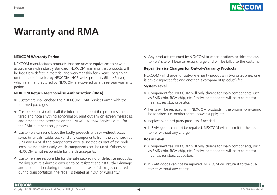 Warranty and rma | NEXCOM NEX 608 User Manual | Page 6 / 67