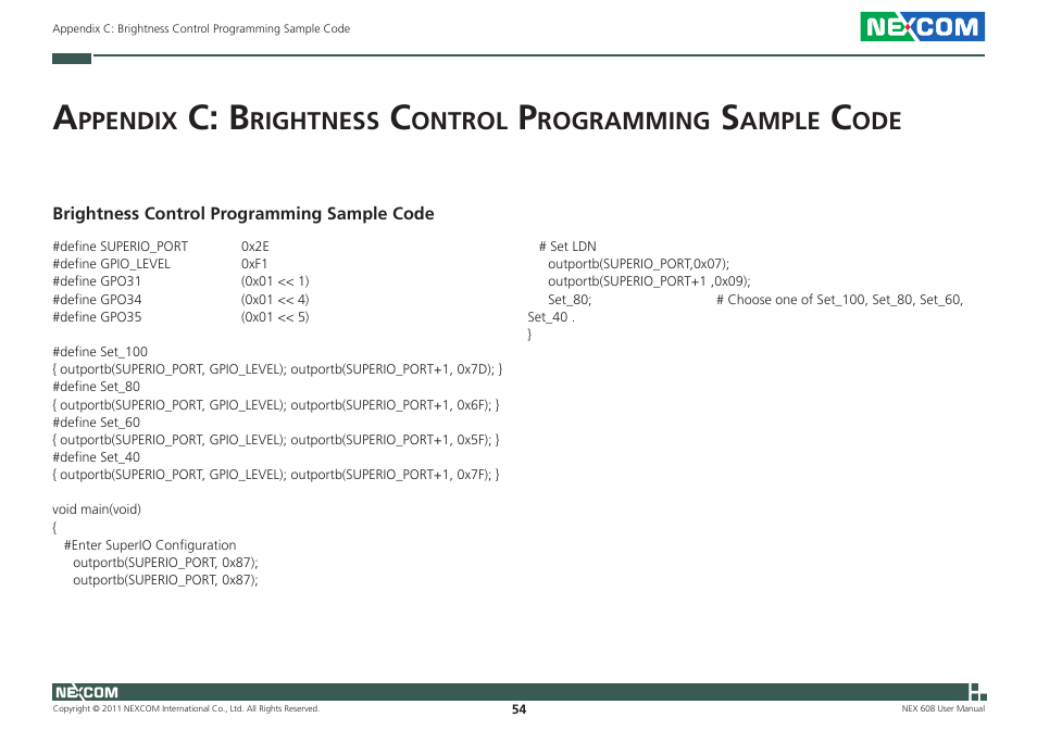 C: b, Ppendix, Rightness | Ontrol, Rogramming, Ample | NEXCOM NEX 608 User Manual | Page 67 / 67