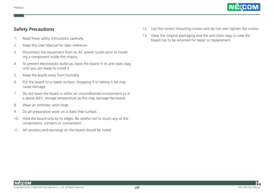 Safety precautions | NEXCOM NEX 608 User Manual | Page 8 / 67