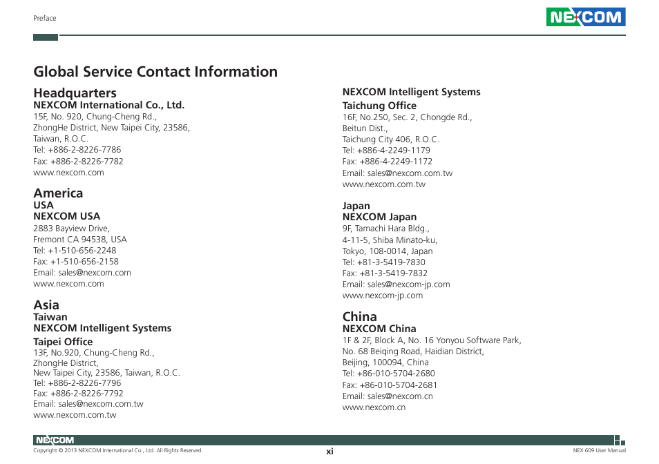 Global service contact information, Headquarters, America | Asia, China | NEXCOM NEX 609 User Manual | Page 11 / 61