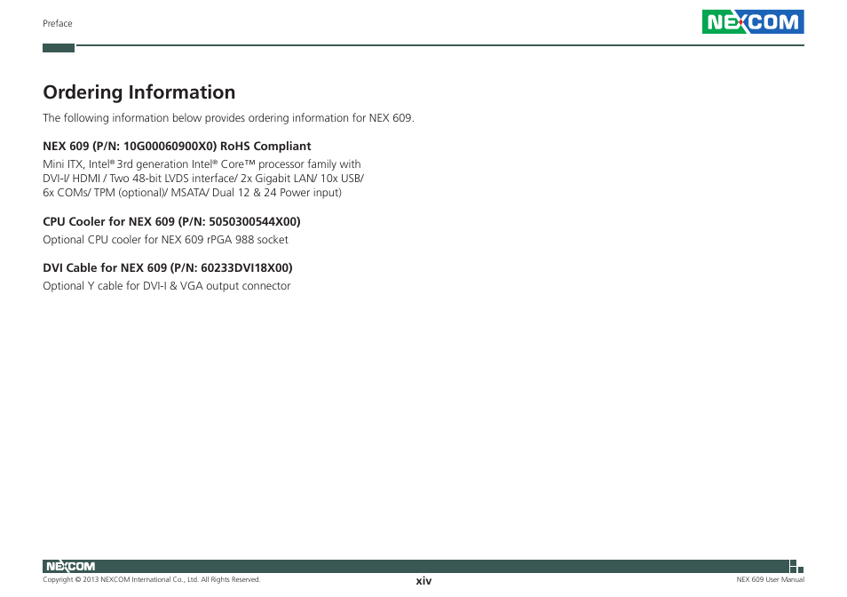 Ordering information | NEXCOM NEX 609 User Manual | Page 14 / 61