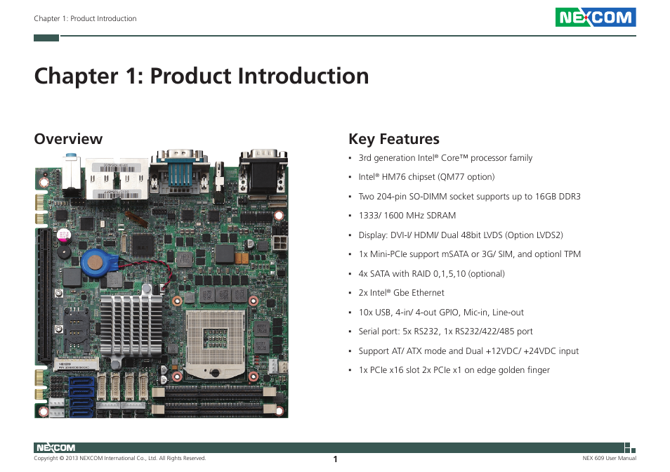 Chapter 1: product introduction, Overview, Key features | Overview key features | NEXCOM NEX 609 User Manual | Page 15 / 61