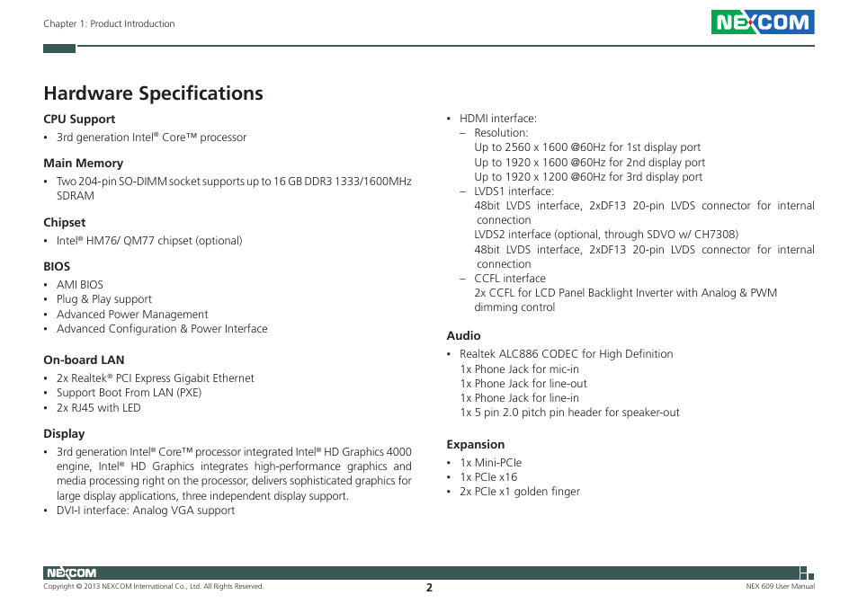 Hardware specifications | NEXCOM NEX 609 User Manual | Page 16 / 61