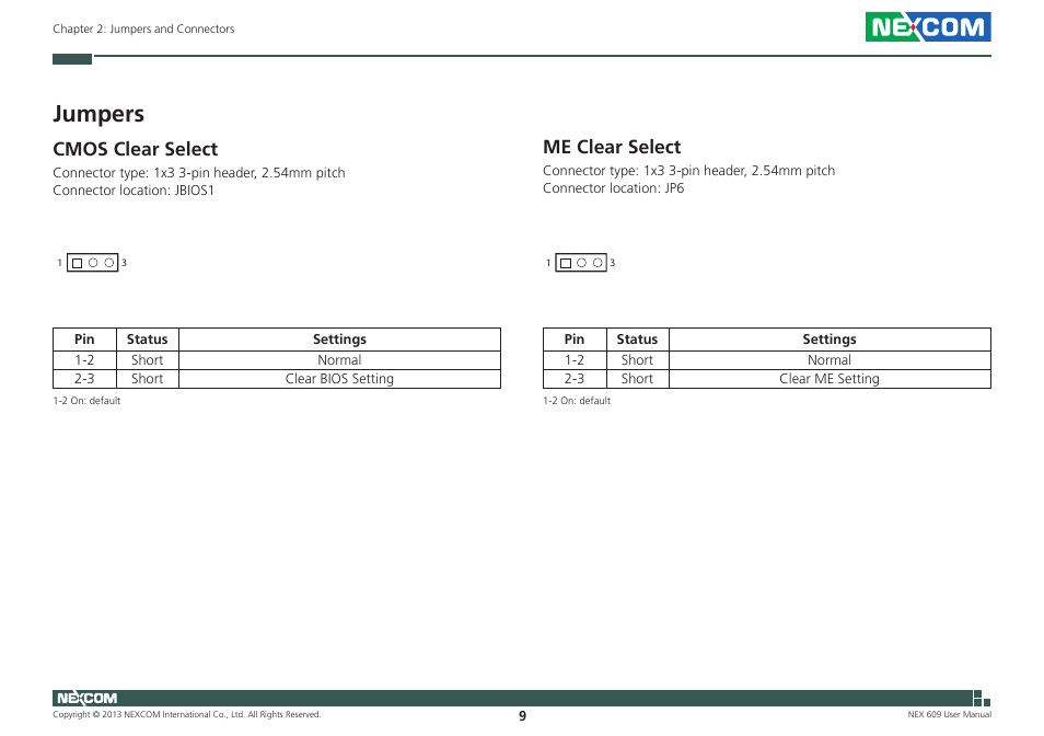 Jumpers, Cmos clear select, Me clear select | Cmos clear select me clear select | NEXCOM NEX 609 User Manual | Page 23 / 61