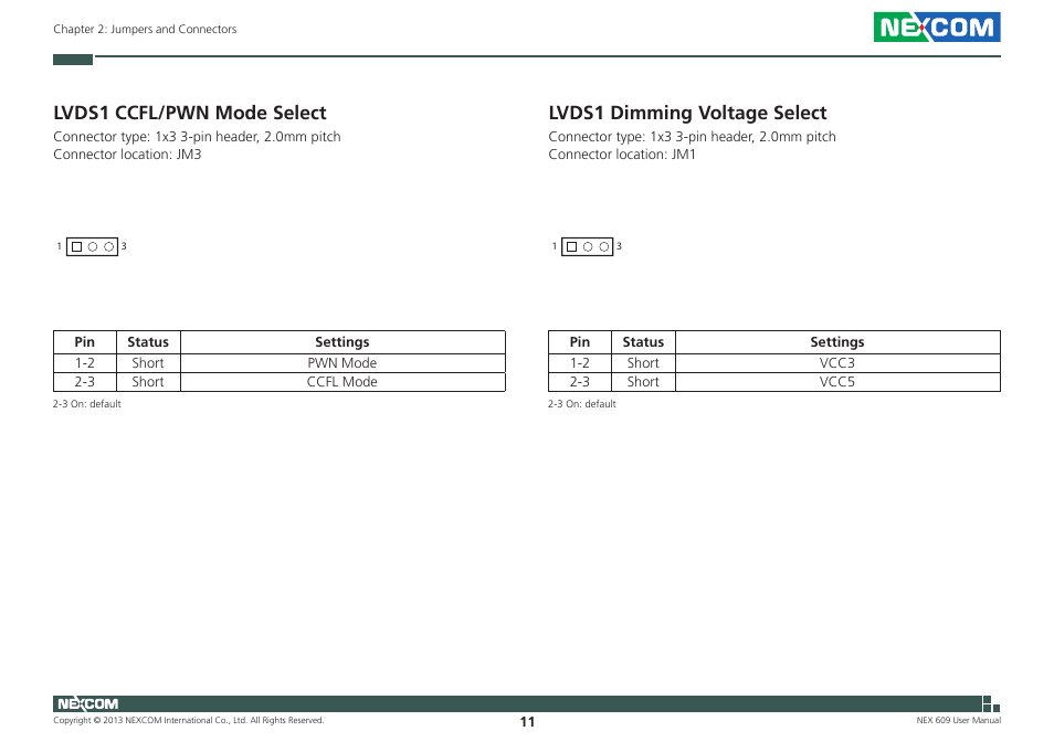 Lvds1 ccfl/pwn mode select, Lvds1 dimming voltage select | NEXCOM NEX 609 User Manual | Page 25 / 61