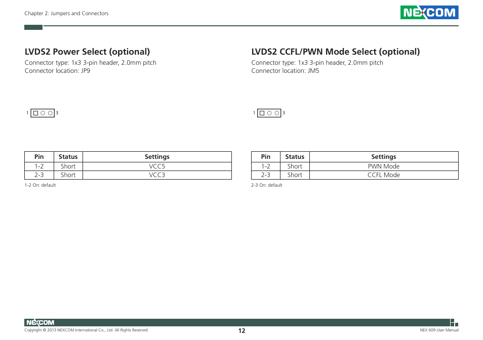 Lvds2 power select (optional), Lvds2 ccfl/pwn mode select (optional) | NEXCOM NEX 609 User Manual | Page 26 / 61