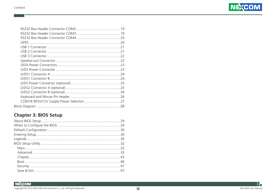 Chapter 3: bios setup | NEXCOM NEX 609 User Manual | Page 3 / 61
