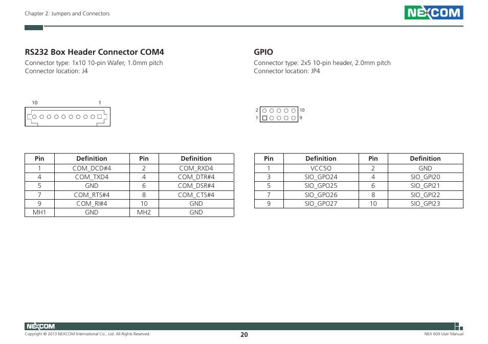 Rs232 box header connector com4, Gpio, Rs232 box header connector com4 gpio | NEXCOM NEX 609 User Manual | Page 34 / 61