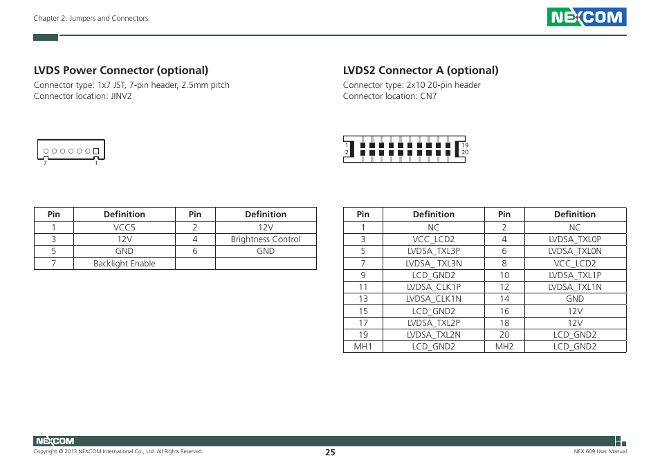 Lvds power connector (optional), Lvds2 connector a (optional) | NEXCOM NEX 609 User Manual | Page 39 / 61