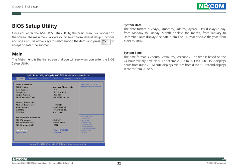 Bios setup utility, Main | NEXCOM NEX 609 User Manual | Page 46 / 61