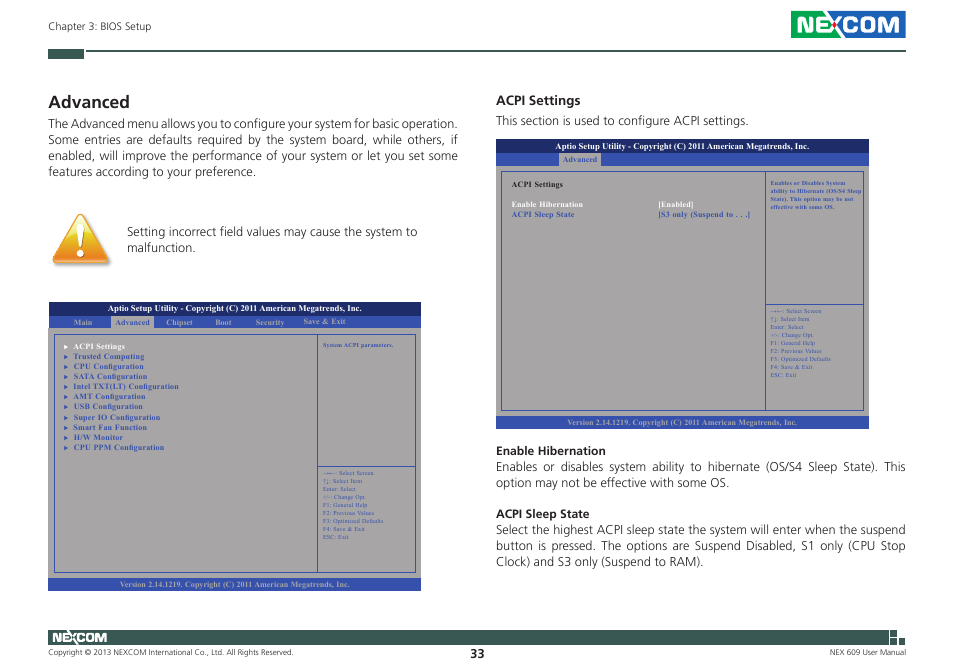 Advanced, Acpi settings | NEXCOM NEX 609 User Manual | Page 47 / 61