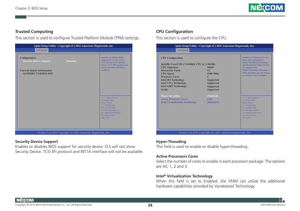 Cpu configuration, Trusted computing | NEXCOM NEX 609 User Manual | Page 48 / 61