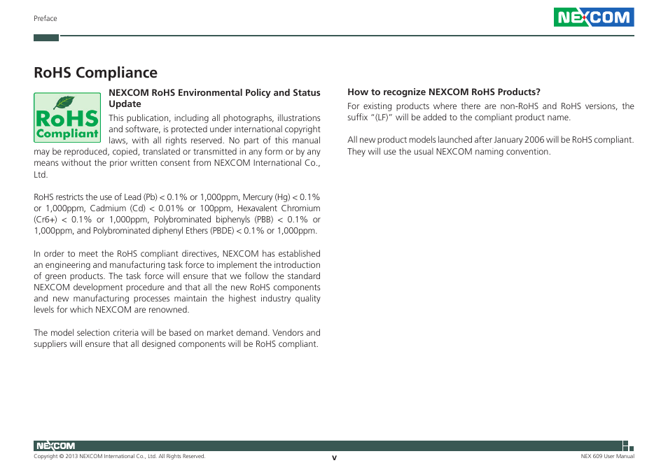 Rohs compliance | NEXCOM NEX 609 User Manual | Page 5 / 61