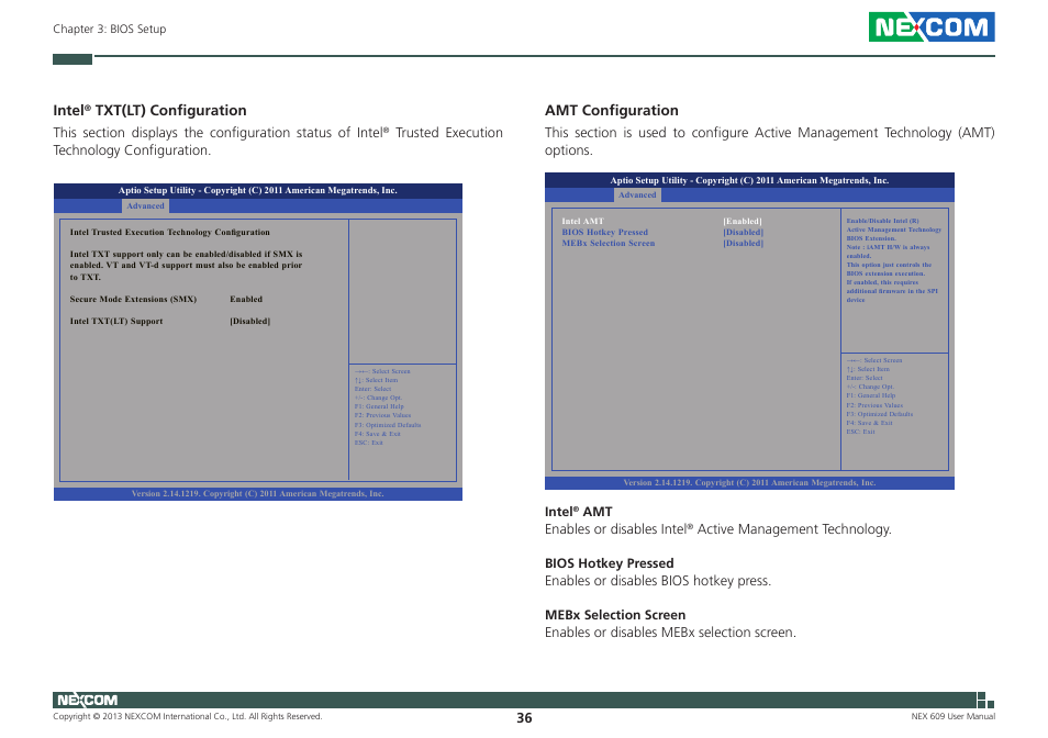 Intel, Txt(lt) configuration, Amt configuration | NEXCOM NEX 609 User Manual | Page 50 / 61