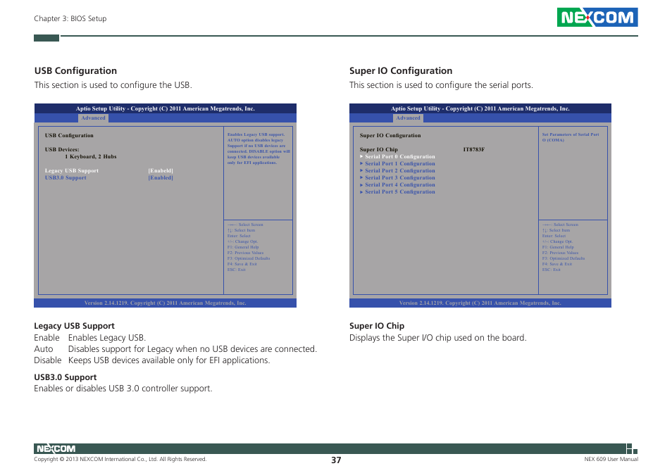 Usb configuration, Super io configuration | NEXCOM NEX 609 User Manual | Page 51 / 61