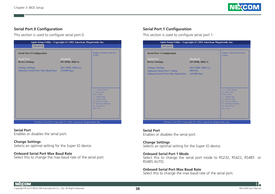 Serial port 0 configuration, Serial port 1 configuration | NEXCOM NEX 609 User Manual | Page 52 / 61