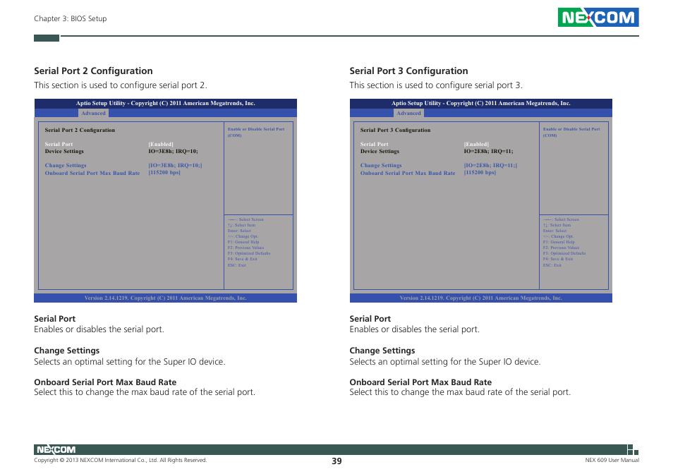 Serial port 2 configuration, Serial port 3 configuration | NEXCOM NEX 609 User Manual | Page 53 / 61