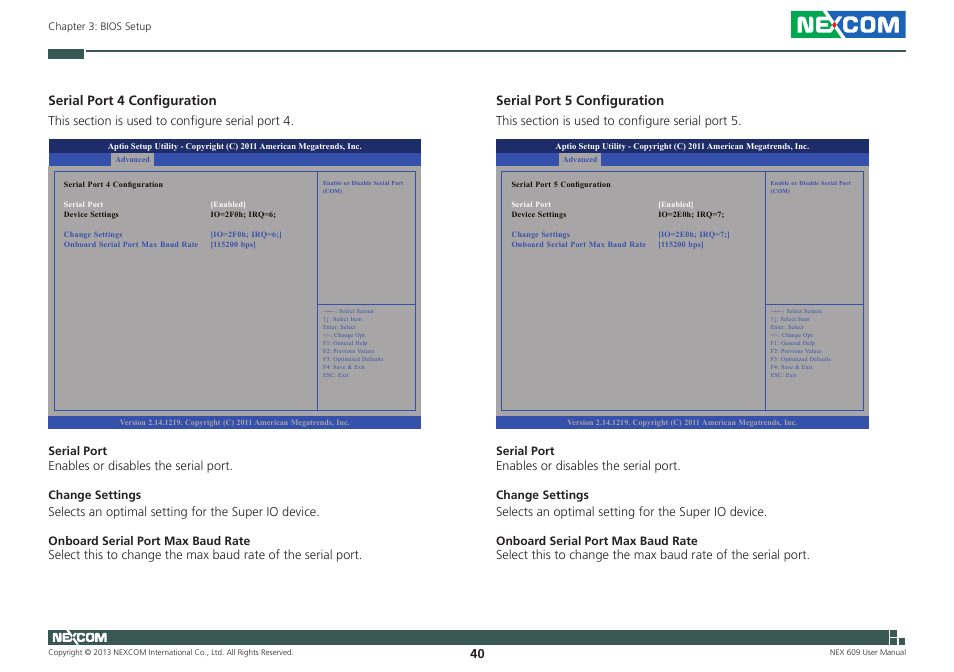 Serial port 4 configuration, Serial port 5 configuration | NEXCOM NEX 609 User Manual | Page 54 / 61