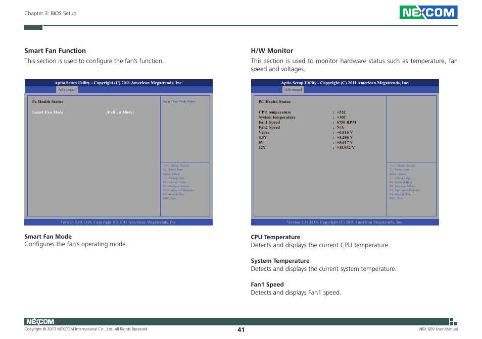 Smart fan function, H/w monitor | NEXCOM NEX 609 User Manual | Page 55 / 61