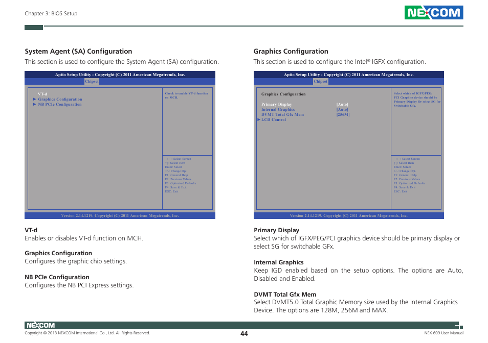 System agent (sa) configuration, Graphics configuration | NEXCOM NEX 609 User Manual | Page 58 / 61