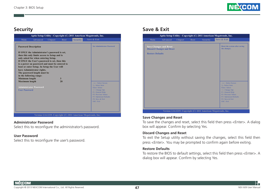 Security, Save & exit, Security save & exit | NEXCOM NEX 609 User Manual | Page 61 / 61