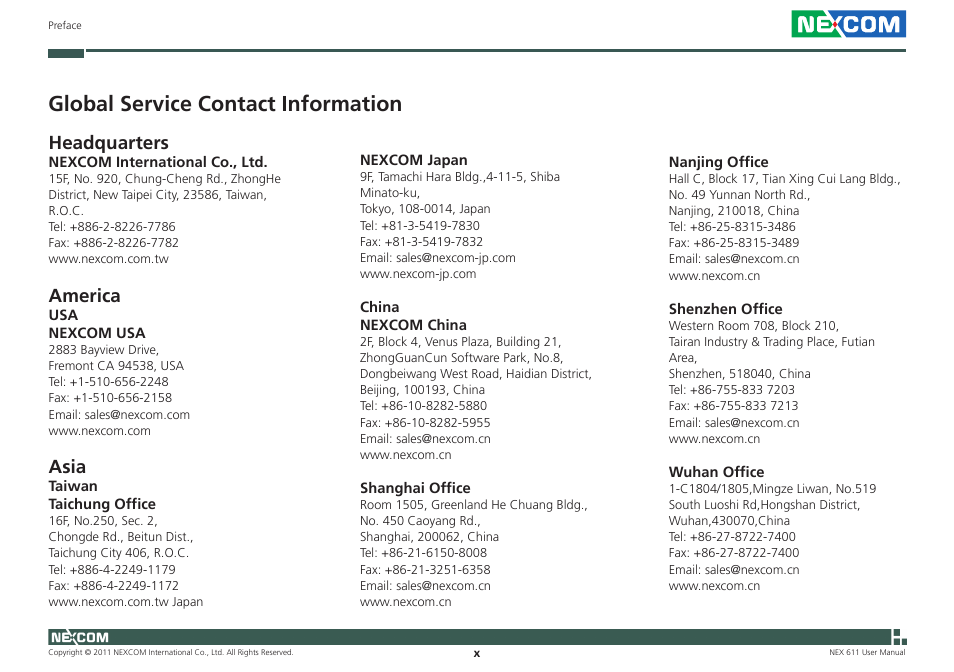 Global service contact information, Headquarters, America | Asia | NEXCOM NEX 611 User Manual | Page 10 / 51