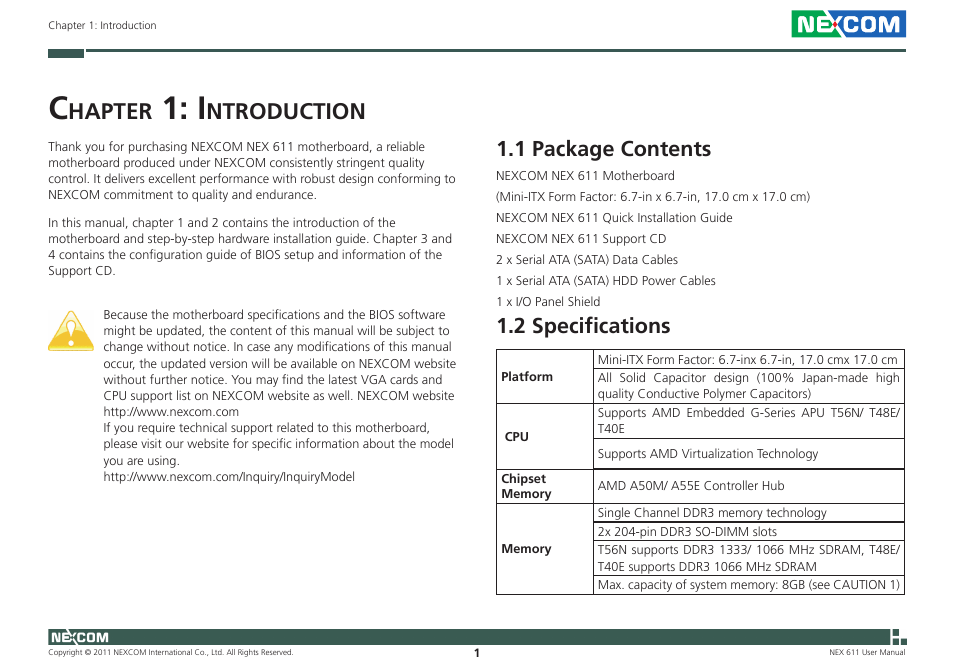 Hapter, Ntroduction, 1 package contents | 2 specifications | NEXCOM NEX 611 User Manual | Page 12 / 51