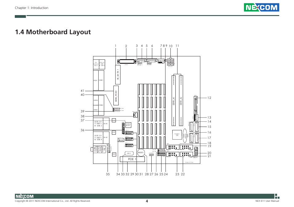 4 motherboard layout, Chapter 1: introduction, Pcie 1 | NEXCOM NEX 611 User Manual | Page 15 / 51