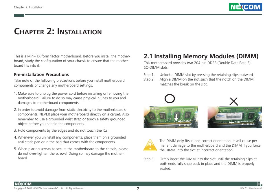 Hapter, Nstallation | NEXCOM NEX 611 User Manual | Page 18 / 51