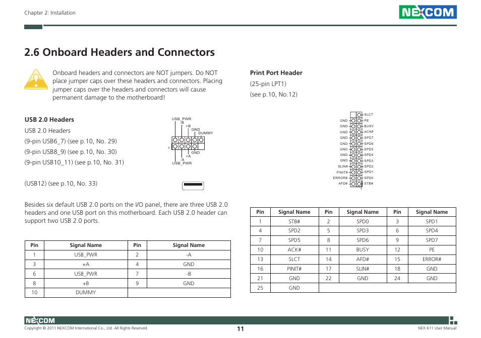 6 onboard headers and connectors | NEXCOM NEX 611 User Manual | Page 22 / 51