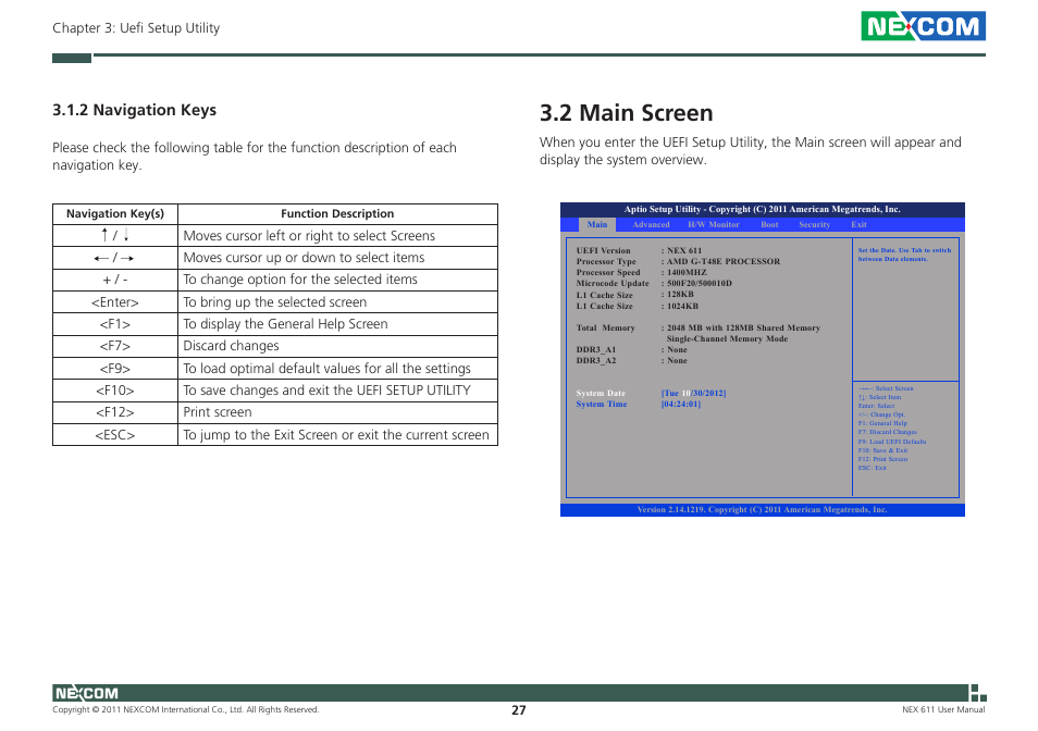 2 main screen, 2 navigation keys | NEXCOM NEX 611 User Manual | Page 38 / 51