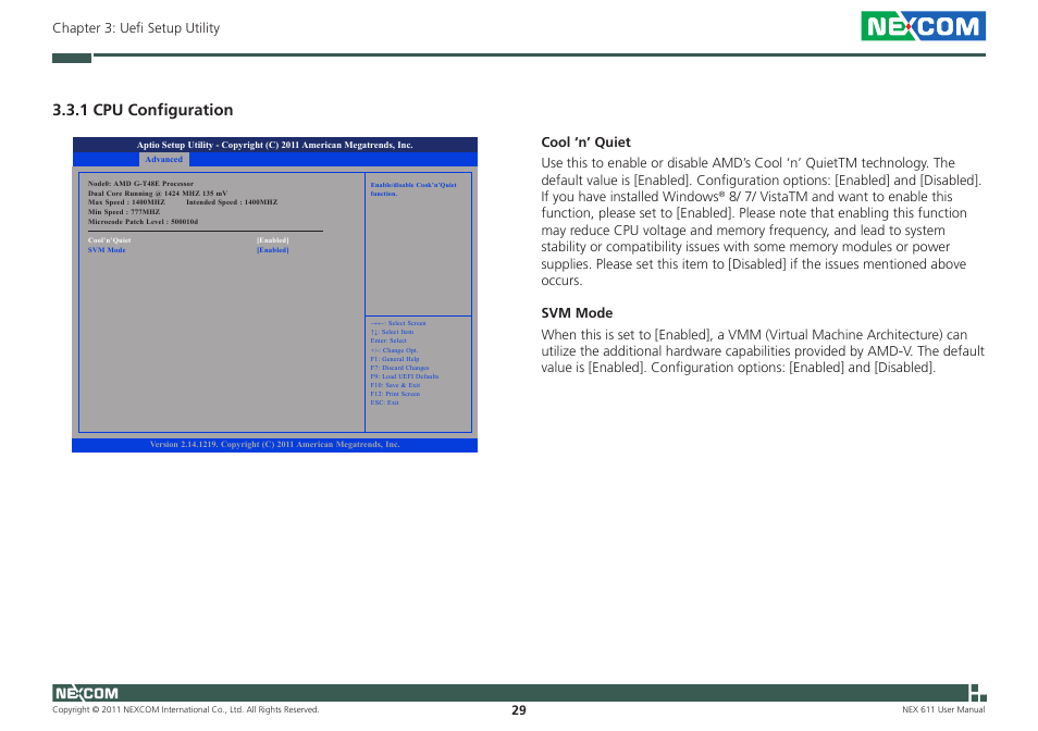 1 cpu configuration, 29 chapter 3: uefi setup utility | NEXCOM NEX 611 User Manual | Page 40 / 51